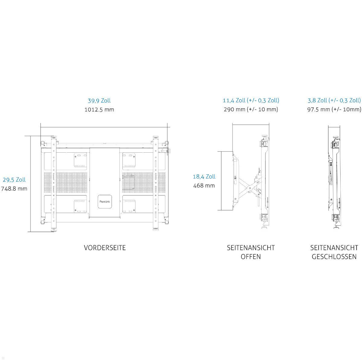 PureLink Vuelogic Pop-Out Videowall Wandhalter elektrisch bis 65 Zoll, schwarz, technische Zeichnung