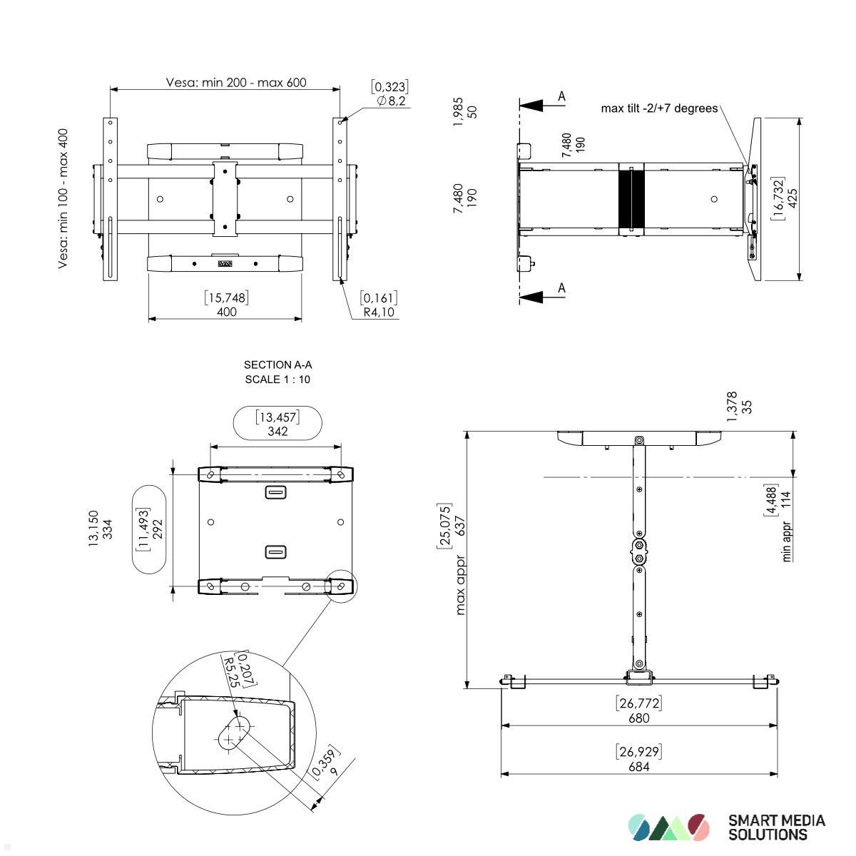 SMS ICON 3D Large TV Wandhalter schwenkbar (14-001-5), silber/schwarz technische Zeichnung