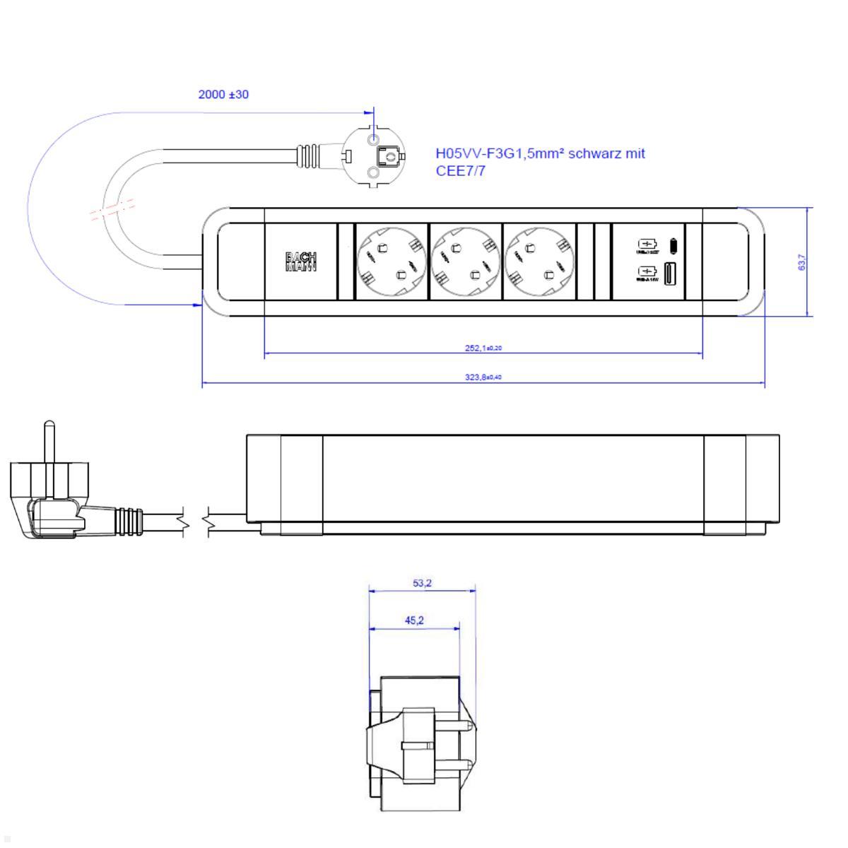 Bachmann PRIMO 2 3x Steckdose mit USB-A / USB-C Charger (350.008), Maße