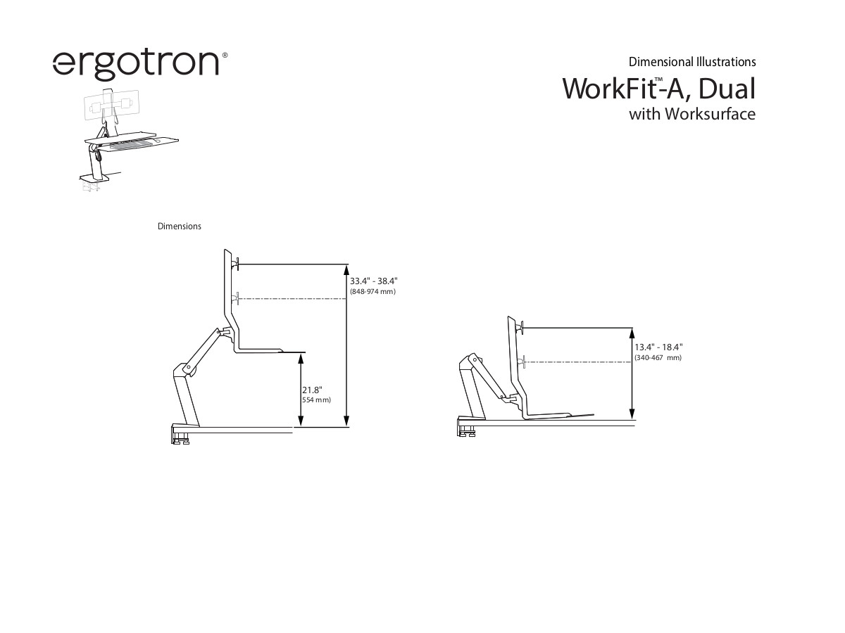 Ergotron WorkFit-A Dual Monitor Tischhalterung mit Arbeitsfläche (24-316-026) technische Zeichnung