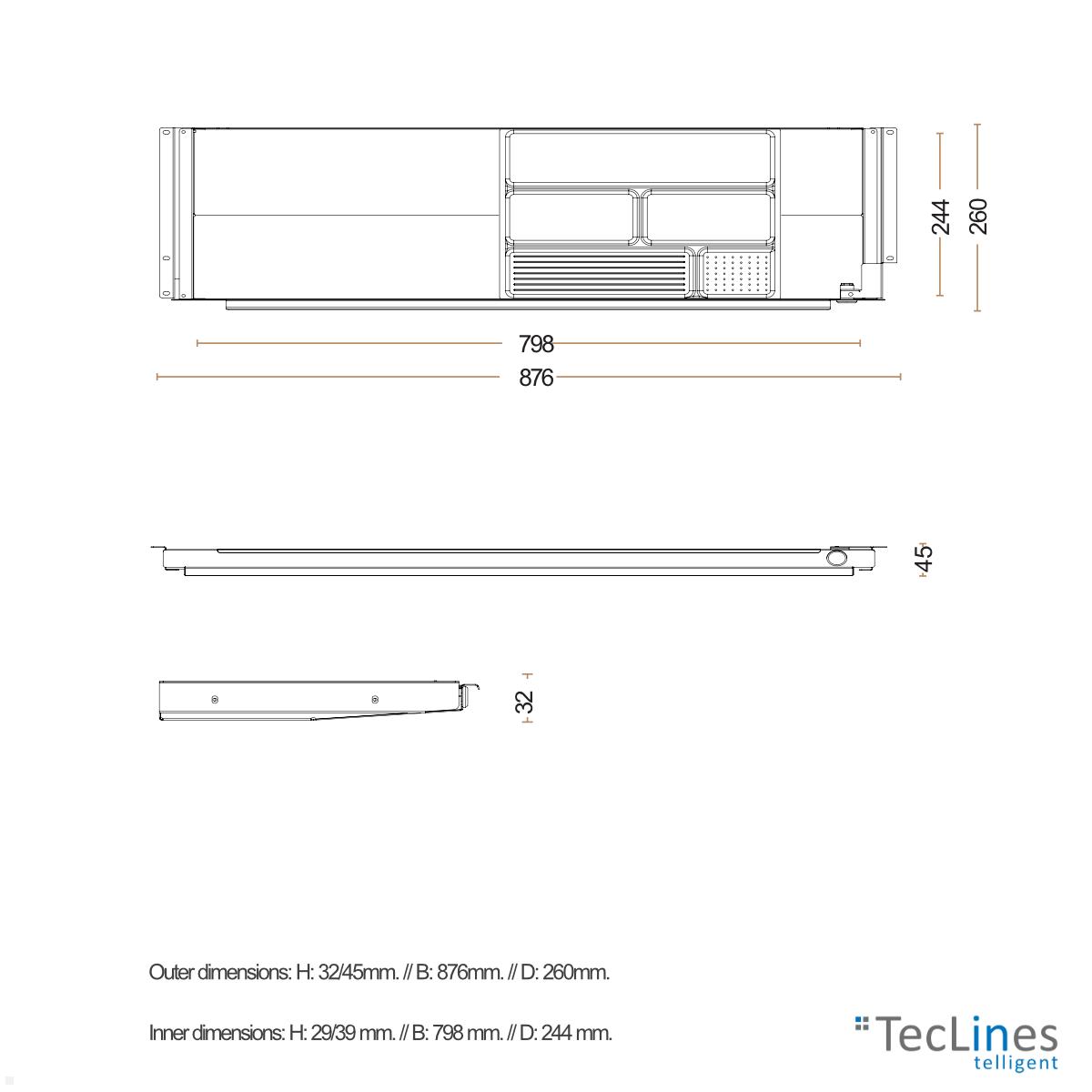 TecLines TUS001W Untertisch Schublade mit Kunststoffeinsatz L, weiß technische Zeichnung