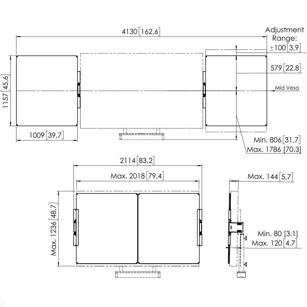 Vogels RISE A218 Zubehör Whiteboard Set 86 Zoll für TV Boden-Wandhalter, technische Zeichnung