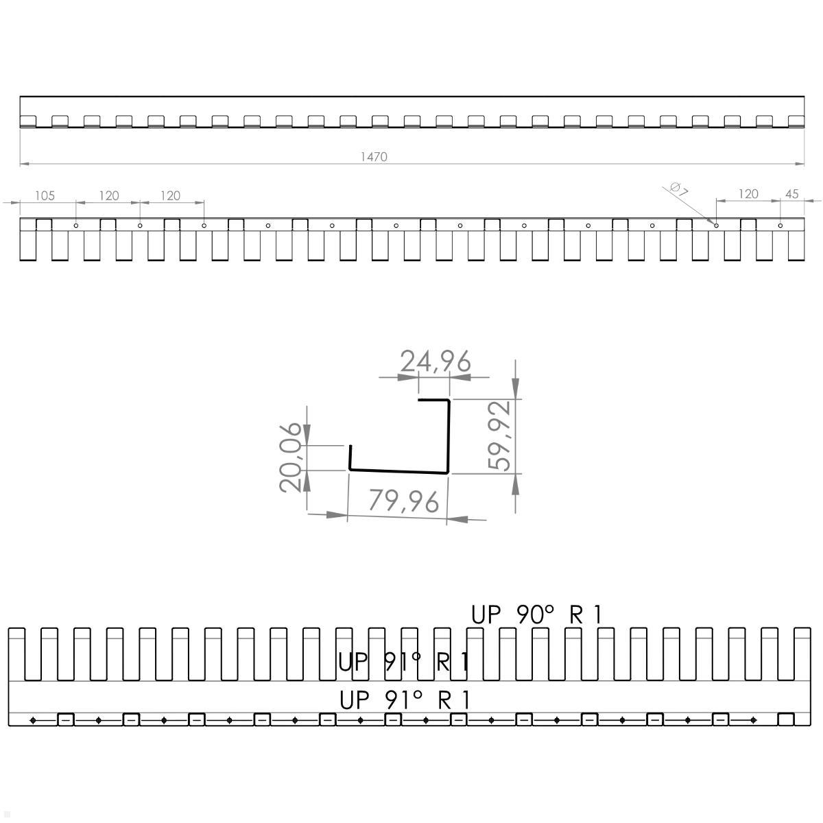 TecLines TKK011B flexibler Kabelkanal Schreibtisch 147 cm, schwarz, technische Zeichnung