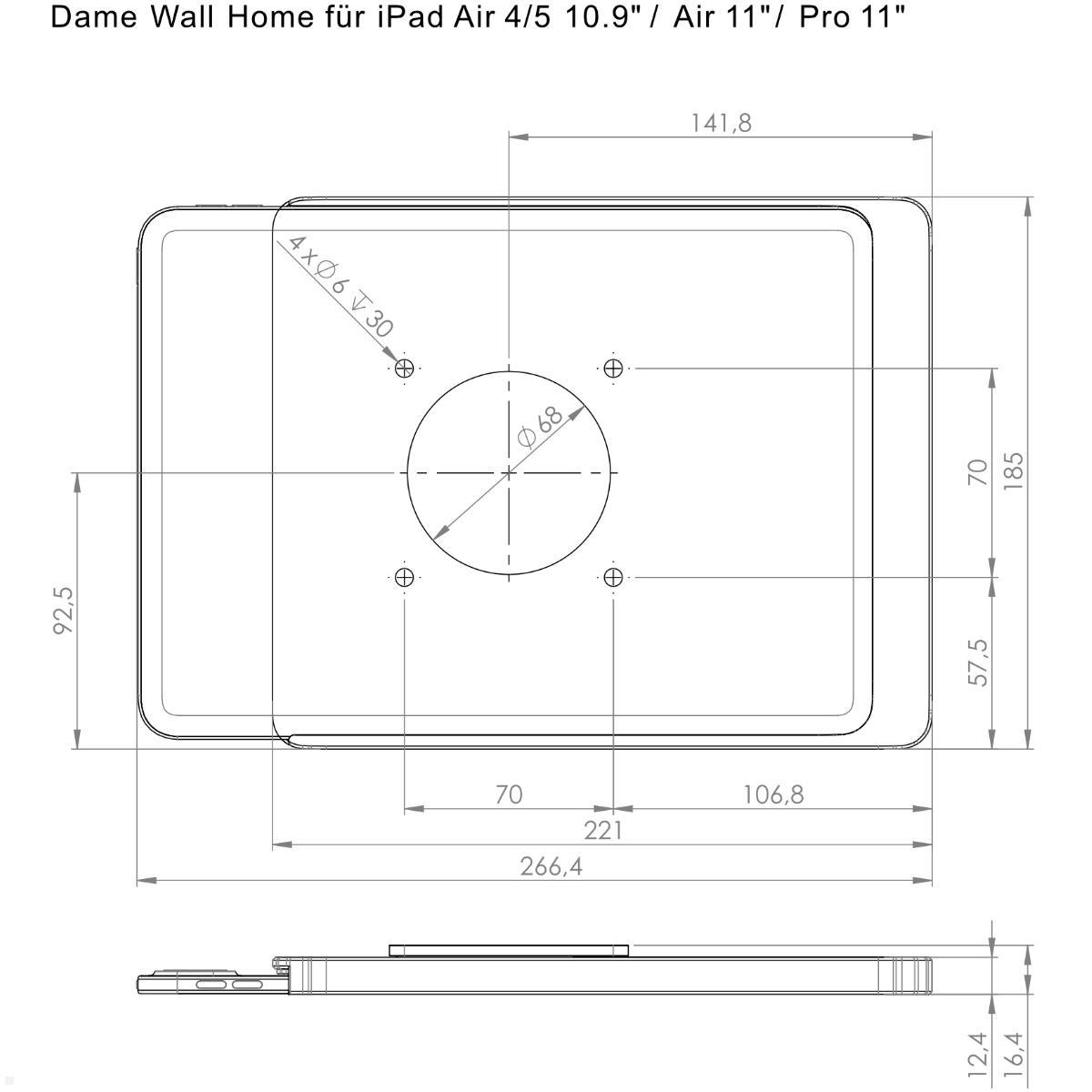 Displine Dame Wall Home Wandhalter für Apple iPad Air / Pro, schwarz eloxiert, technische Zeichnung