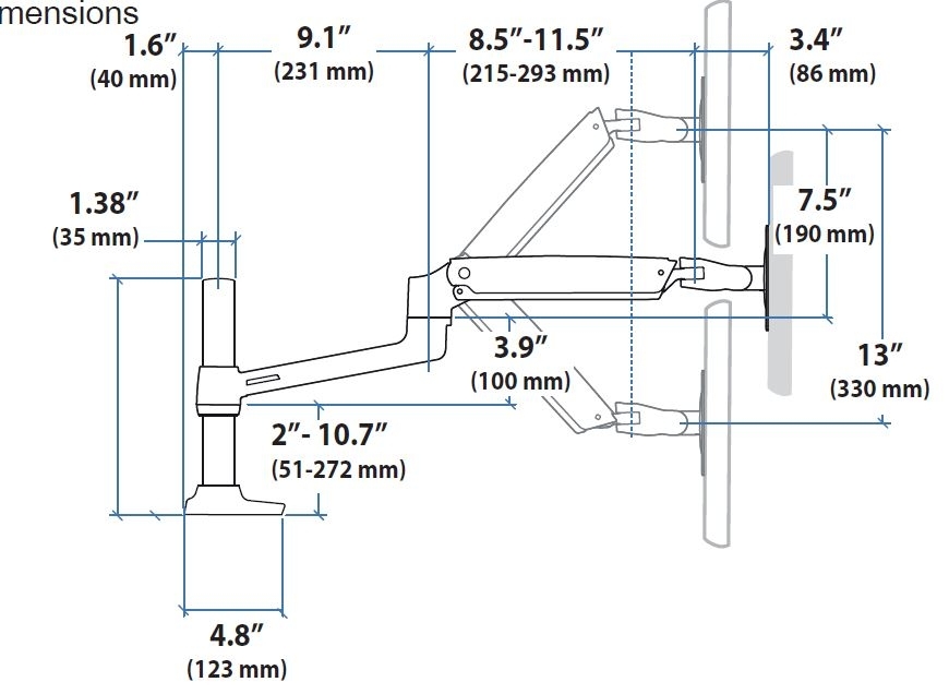 Ergotron LX Arm Monitor Tischhalterung, hohe Säule für USM Tische (46-296-027) Maße