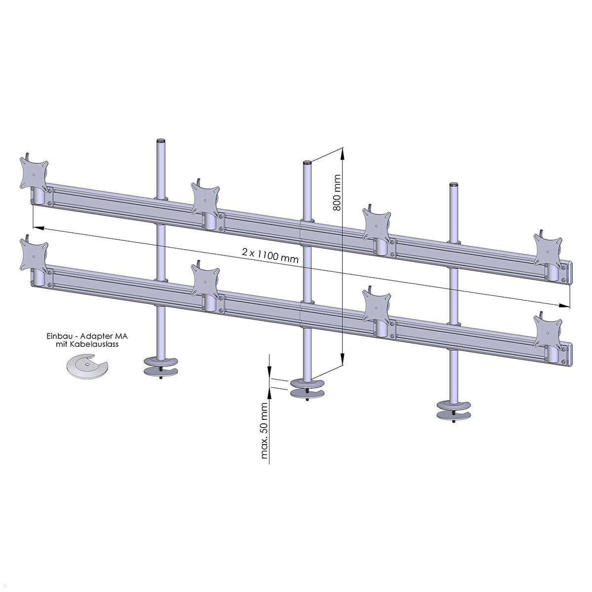 MonLines MTH212B Flat 4+4 Display Tischhalterung Einbau bis 32 Zoll, schwarz, Zeichnung Maße