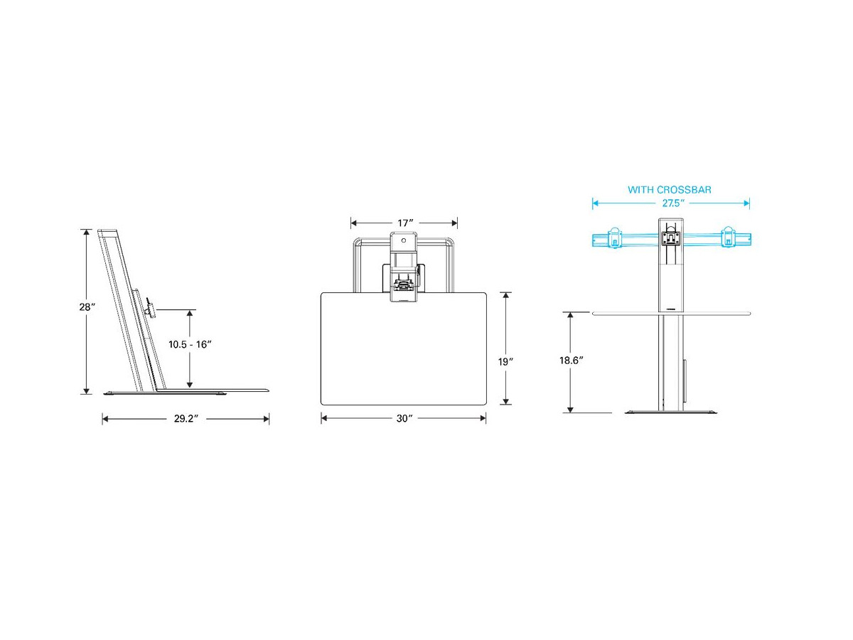 Humanscale QuickStand Eco Single Steh-Sitz Arbeitsplatz, weiß technische Zeichnung