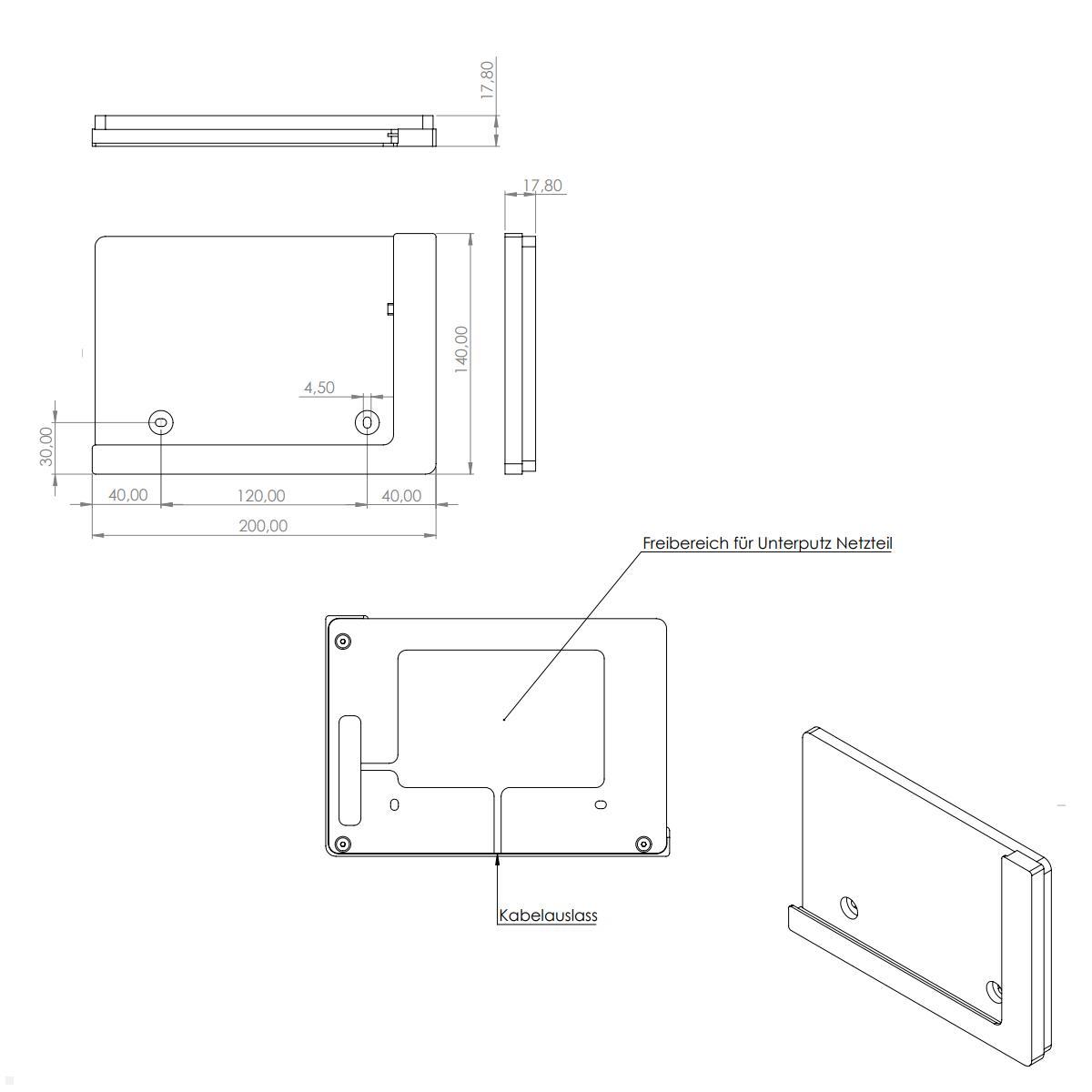 TabLines TWP010S Wandhalterung für Apple Air 1 9.7, silber, Zeichnung Maße mit Tablet