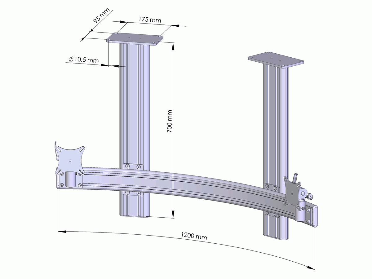 MonLines MDH207G Para 2-fach Monitor Deckenhalter Alu 25-30 Zoll, grau technische Zeichnung