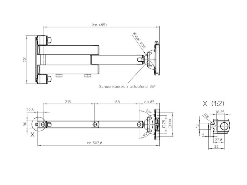 Novus TSS Faltarm III PM für Alu Profile  (965+0119+010) Maße