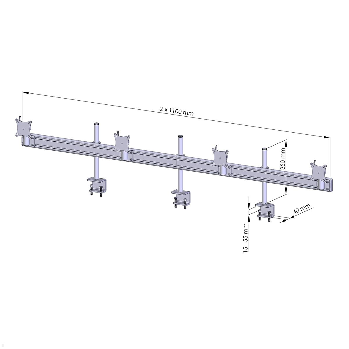 MonLines MTH284B Flat 4-fach Monitorhalterung mit Tischklemme bis 32 Zoll, schwarz, Zeichnung Maße