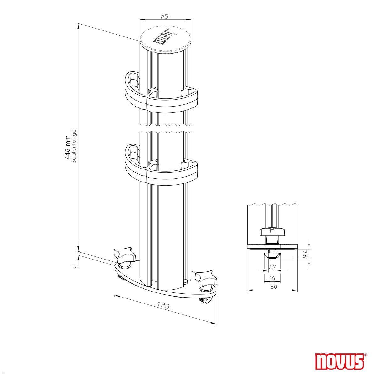 Novus TSS Säule 445 Systemschiene Halterung mit Rändelschrauben (961+2309+003) technische Zeichnung