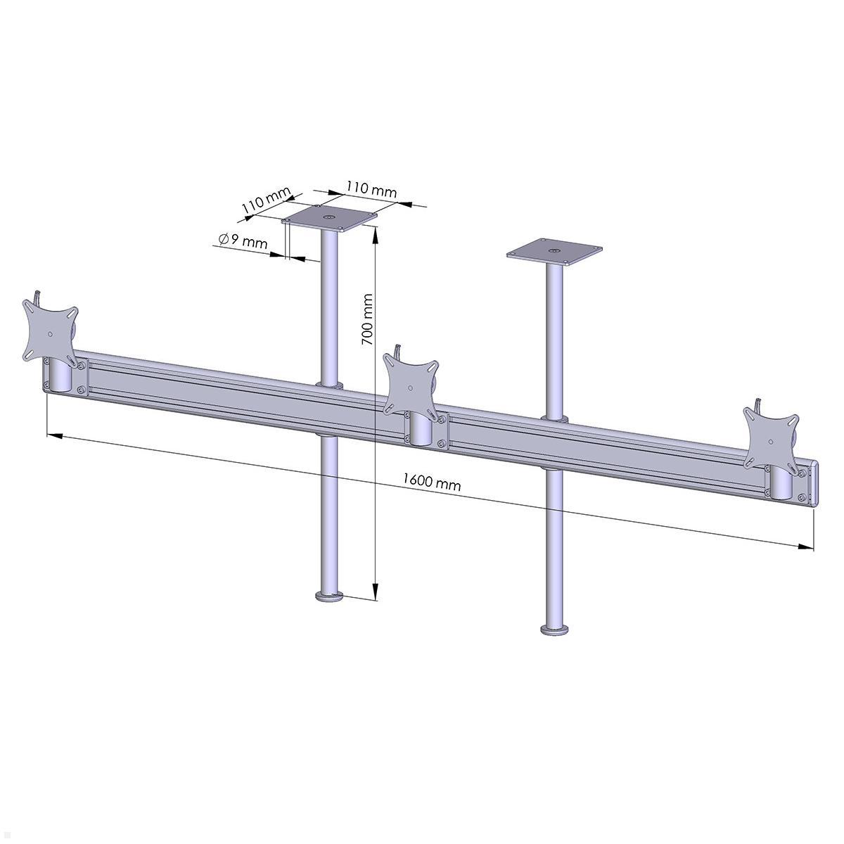 MonLines MDH204G Flat 3-fach Monitor Deckenhalter bis 32 Zoll, grau, Zeichnung Maße