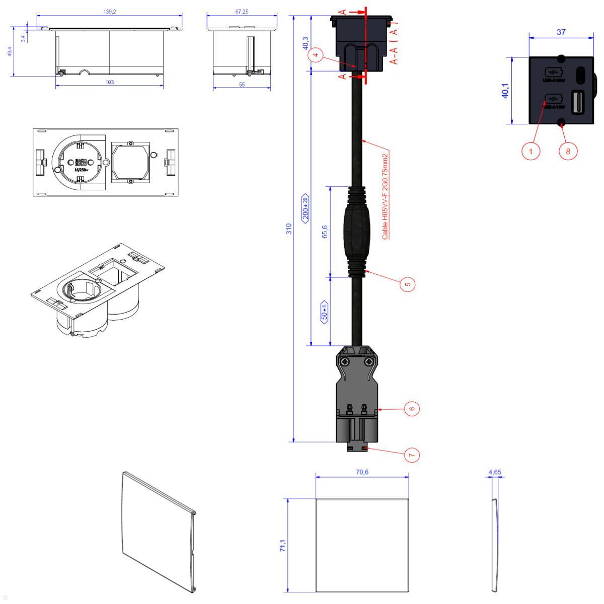 Bachmann DUE Steckdose, USB-Charger A/C, Deckel, schwarz (929.227DB), technische Zeichnung