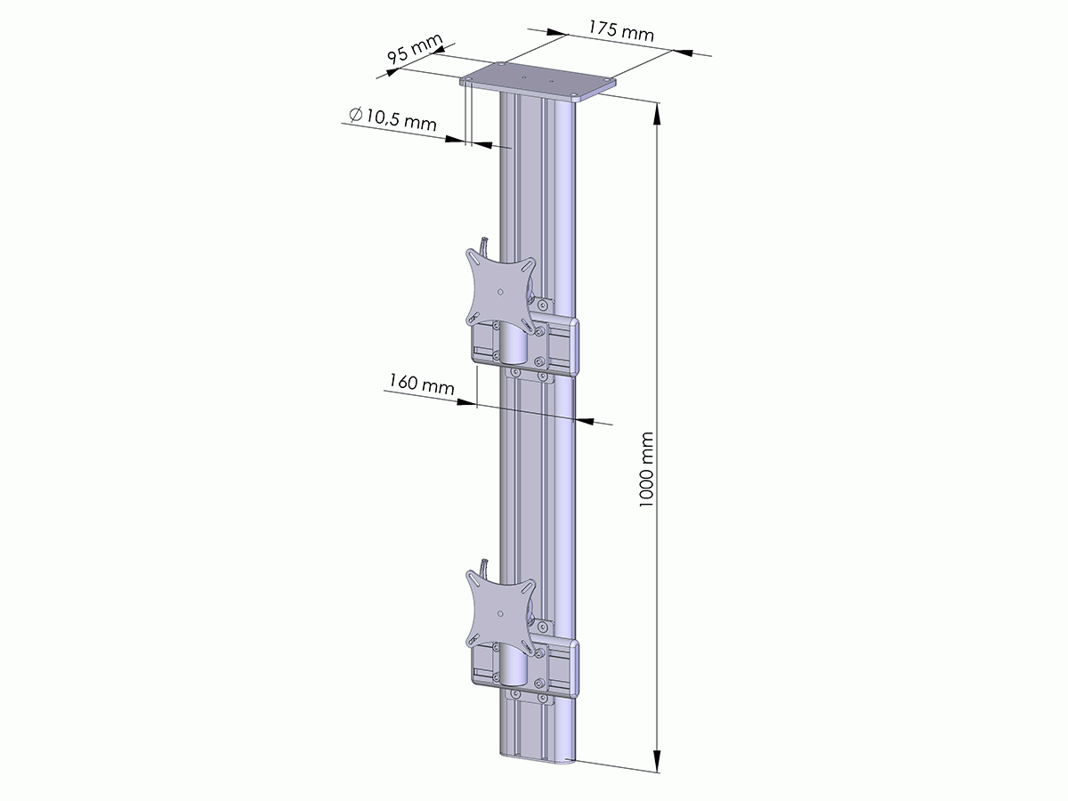 MonLines MDH203B Flat 2-fach vertikal Monitor Deckenhalter Alu 25-30 Zoll, schwarz technische Zeichnung