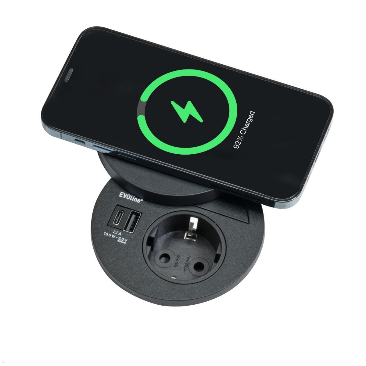 EVOline Circle80 Einbausteckdose USB A/C, Wireless Charger Deckel, Anwendung (Opt. in Schwarz)