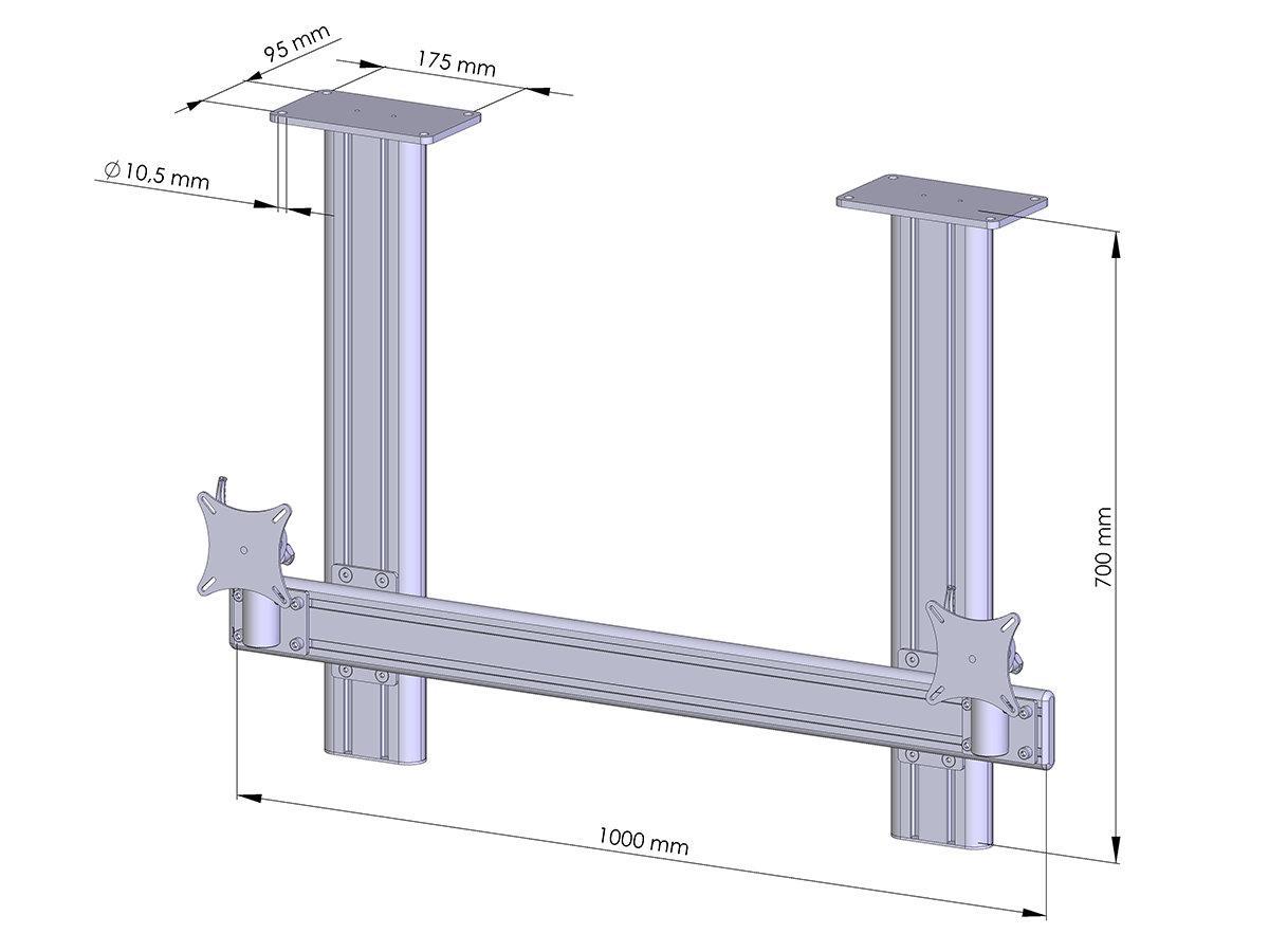 MonLines MDH202G Flat 2-fach Monitor Deckenhalter Alu 25-30 Zoll, grau technische Zeichnung