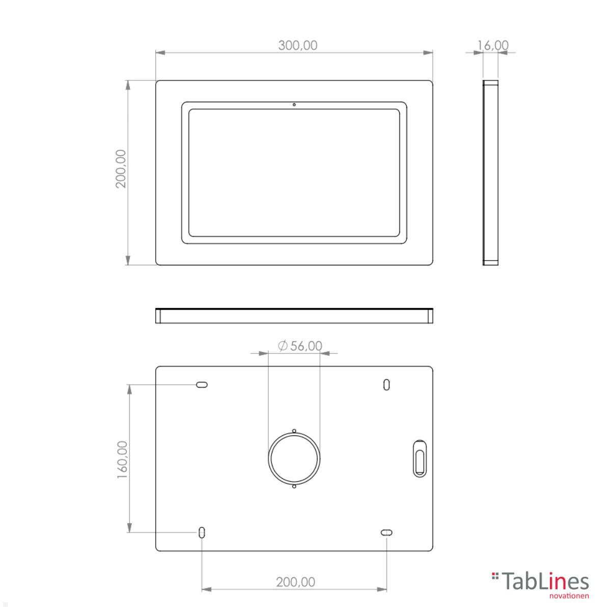 TabLines TWH048S Tablet Wandhalterung für Samsung Tab S6 Lite 10.4 (2022), silber technische Zeichnung