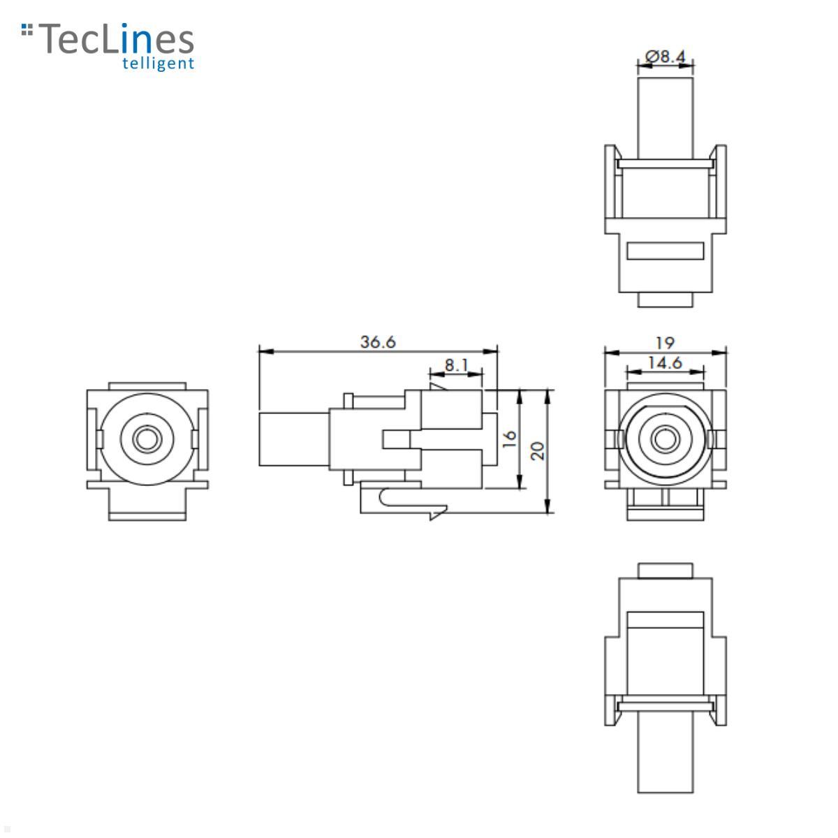 TecLines TKM010W Keystone Modul 3,5 mm Klinke Buchse/Buchse technische Zeichnung