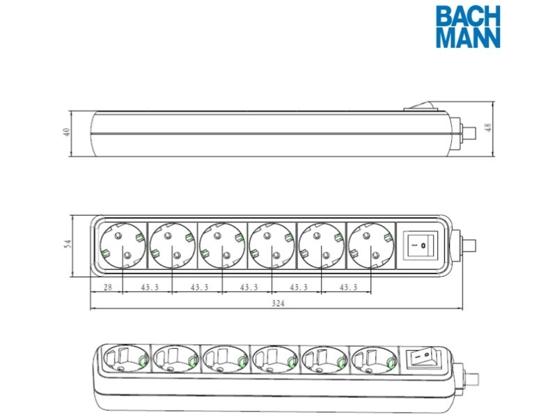 Bachmann SELLY 6-fach Steckdosenleiste mit Schalter, 1,5m Zuleitung weiß 381.244S Zeichnung