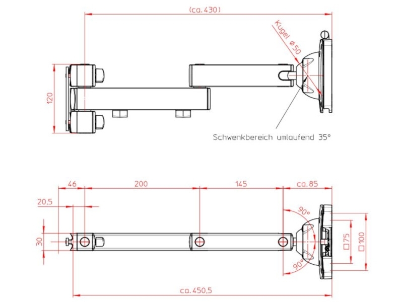 Novus Monitorhalter TSS Faltarm II (964+0119+000) Maße