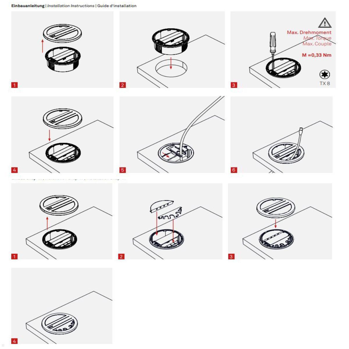 EVOline Circle80 Access Kabeldurchlass mit zwei Öffnungen, Installation