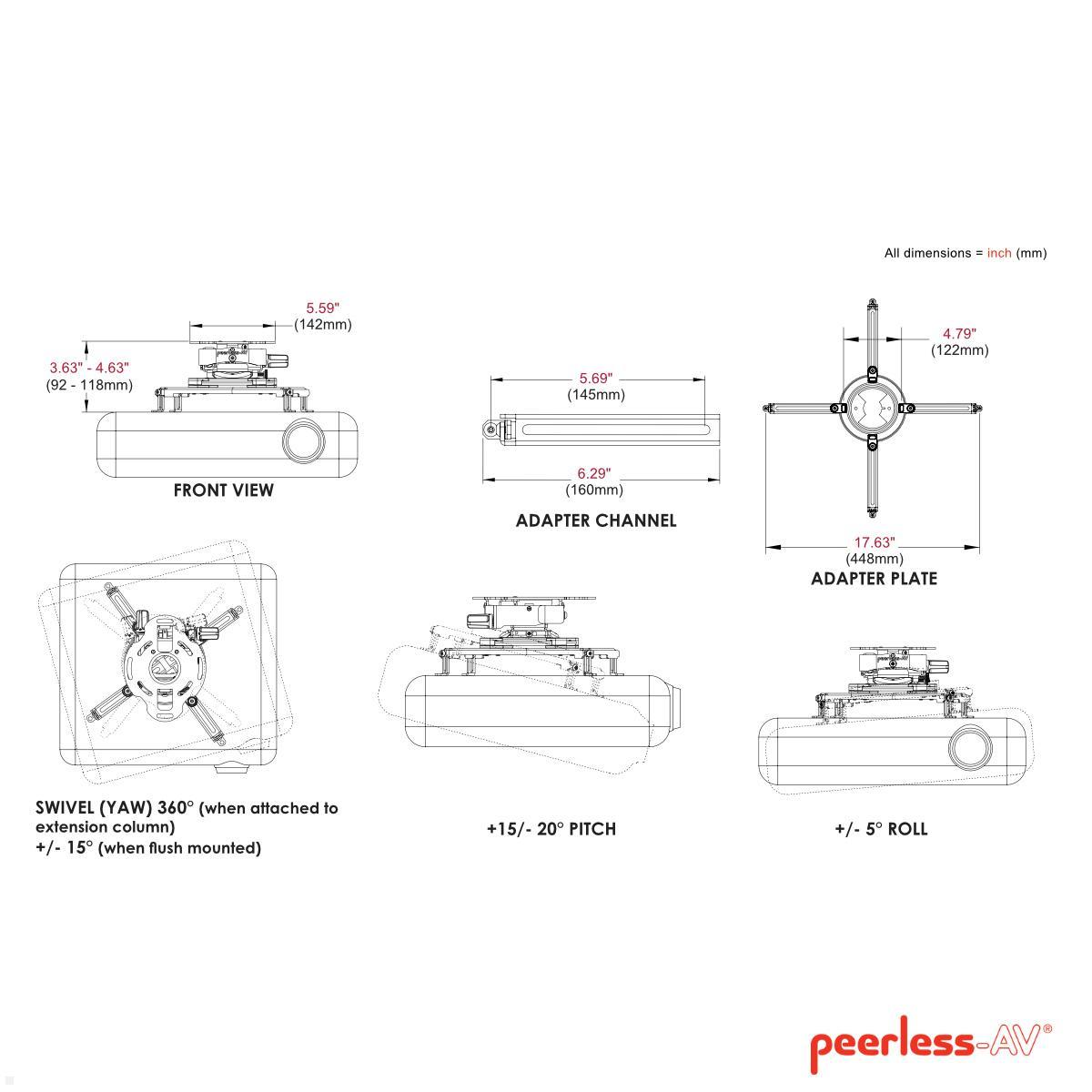 Peerless PRGS-UNV-S Beamer Deckenhalterung bis 22 kg, silber technische Zeichnung