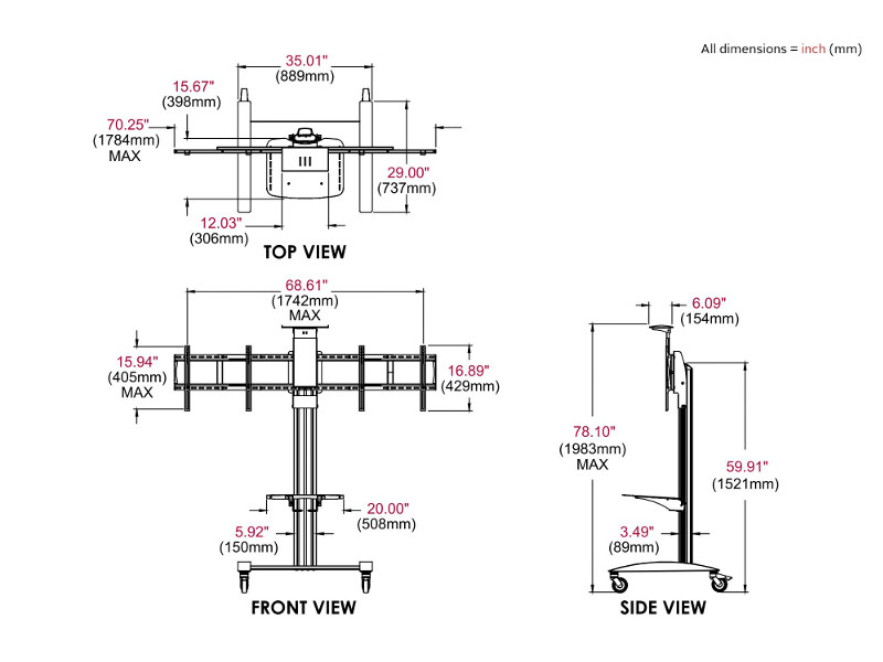 peerless SR555M VC-Monitorständer für zwei Monitore 40"-55" Zeichnung