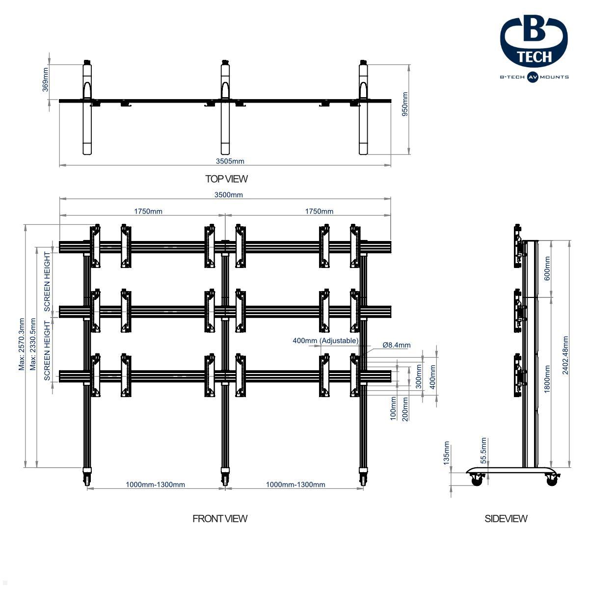 B-Tech BT8371-3x3-60/BB System X Mobiler Videowall Monitorständer 55-60 Zoll technische Zeichnung