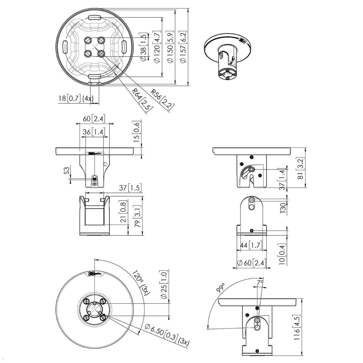 Vogels Connect-it PUC 1045 Deckenhalterung, flexibel, Zeichnung Maße 