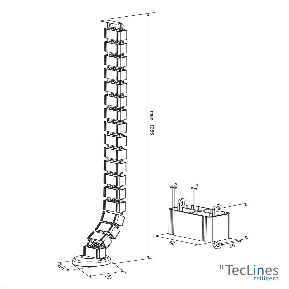 TecLines TKF001S Kabelführung für Steh-Sitz Tisch 128,5 cm, silber technische Zeichnung