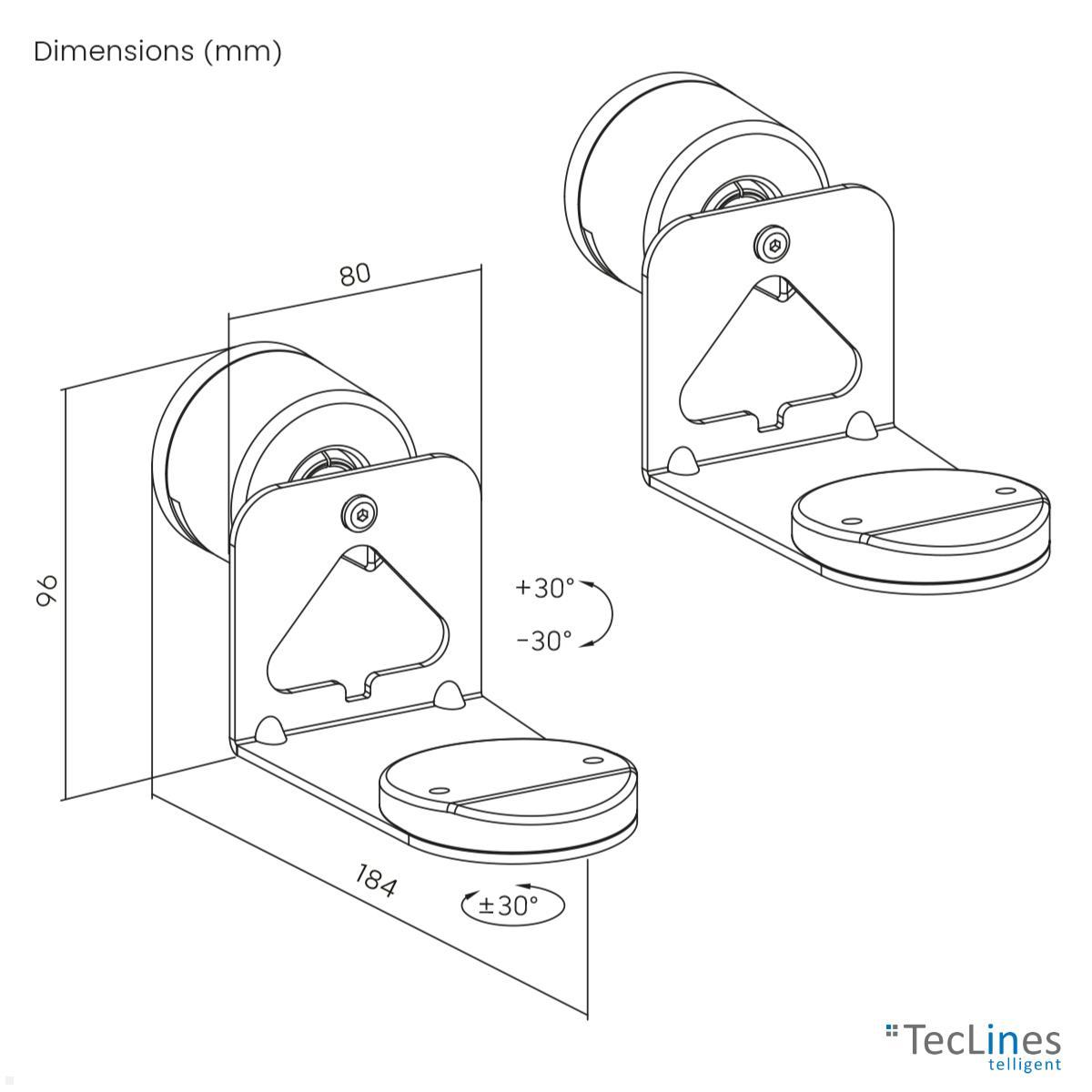 TecLines TLH009B 2x Lautsprecher Wandhalter für Sonos Era 100 und 300, schwarz technische Zeichnung