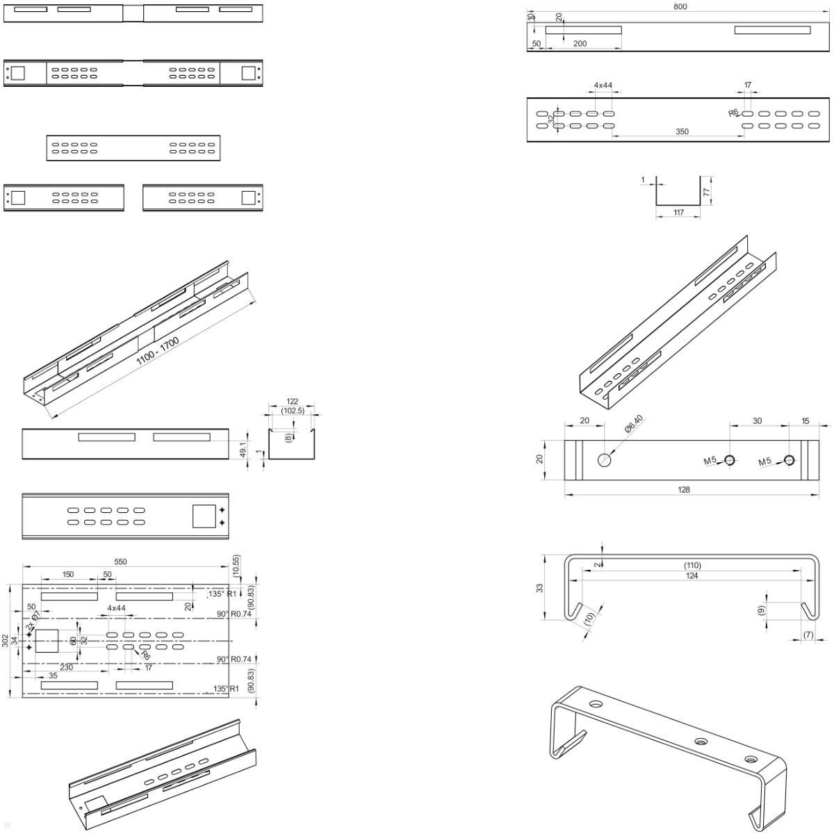 TecLines TKW006W Kabelwanne ausziehbar 1100 - 1700 mm, weiß, technische Zeichnung