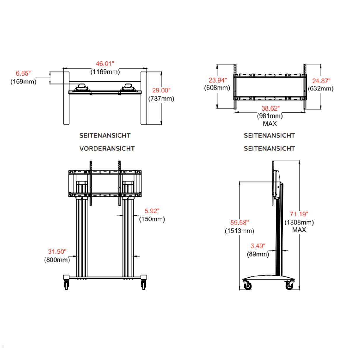 peerless SR598-HUB2 SmartMount Trolley für Microsoft Surface Hub 2S & 3 85 Zoll Maße