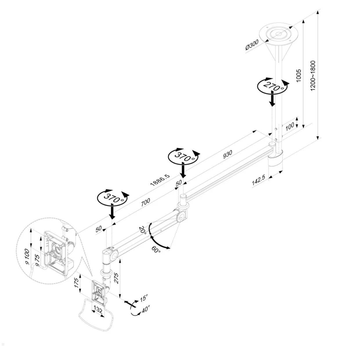 Neomounts FPMA-HAC100HC medizinische Deckenhalterung technische Zeichnung