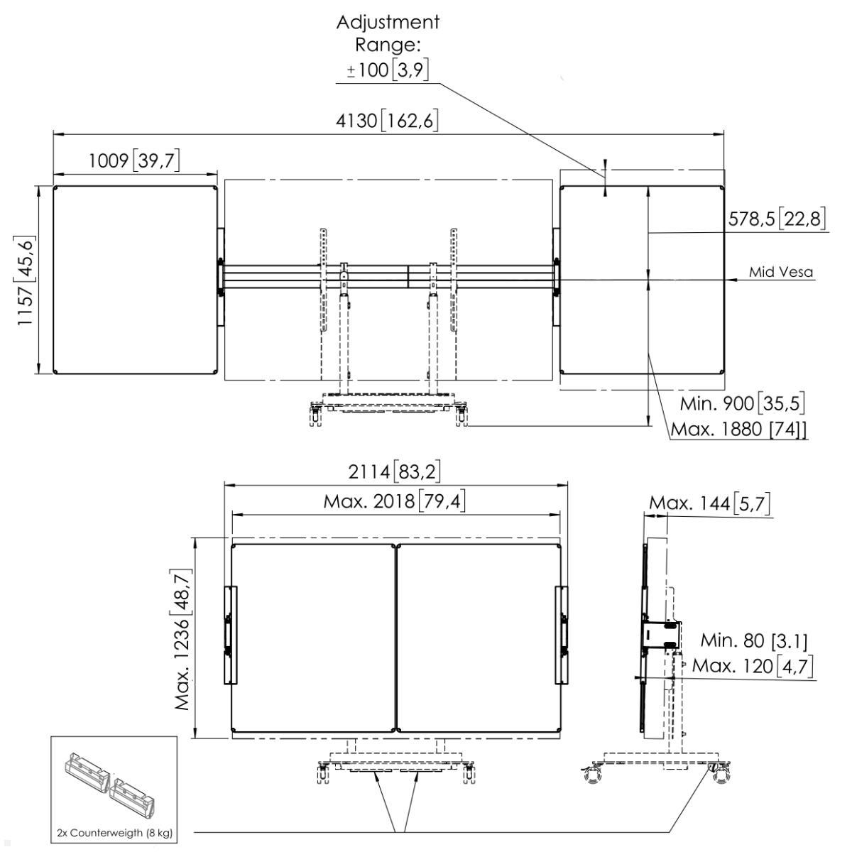 Vogels RISE A228 Zubehör Whiteboard Set 86 Zoll für TV Ständer / Trolley, technische Zeichnung