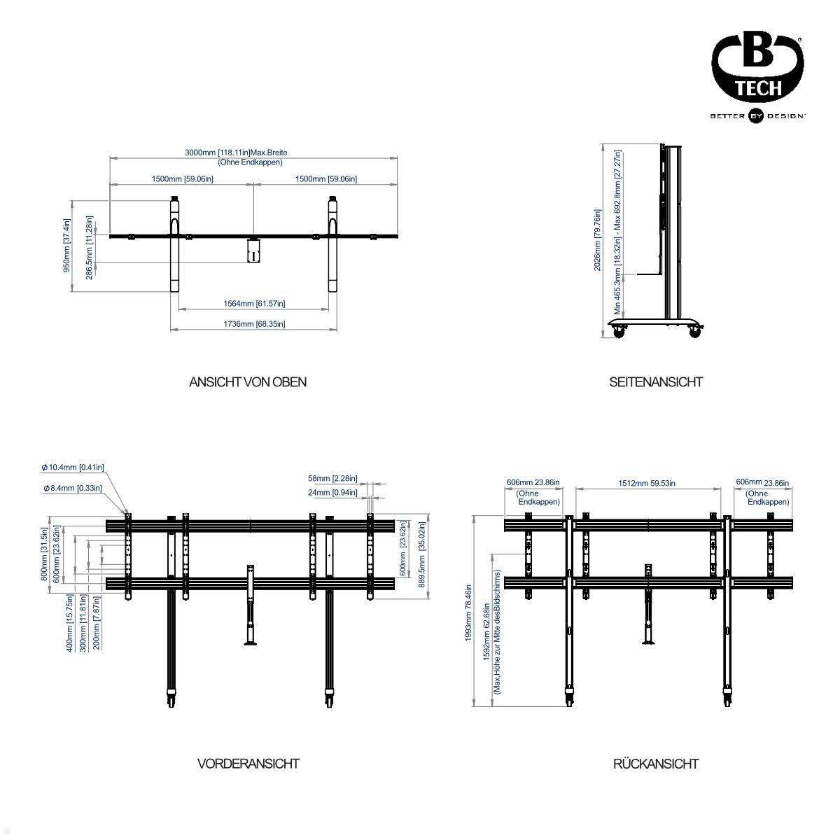 B-Tech BT8518/B mobiler Monitorständer für 2 Bildschirme 70 - 86 Zoll, schwarz technische Zeichnung