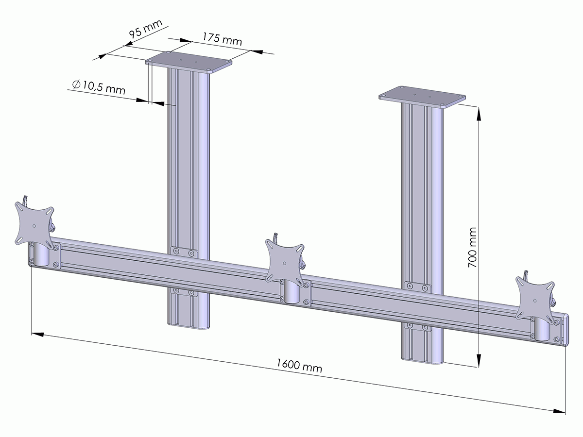 MonLines MDH205B Flat 3-fach Monitor Deckenhalter Alu 25-30 Zoll, schwarz technische Zeichnung