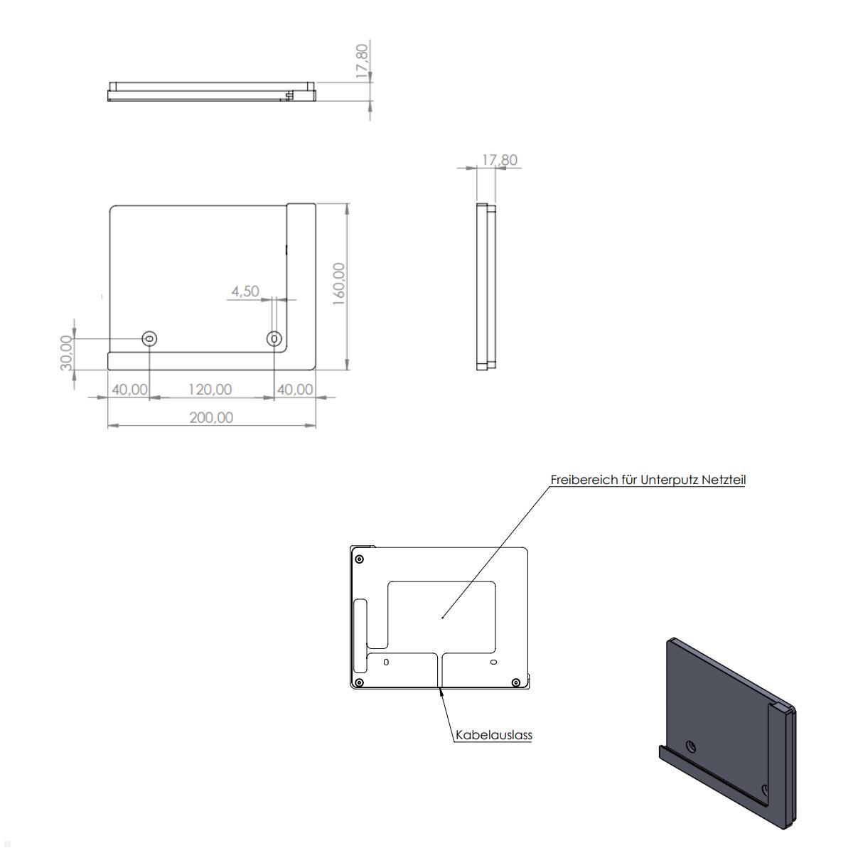 TabLines TWP022S Wandhalterung für Samsung Tab S8 Ultra 14.6, silber, Zeichnung Maße ohne Tablet