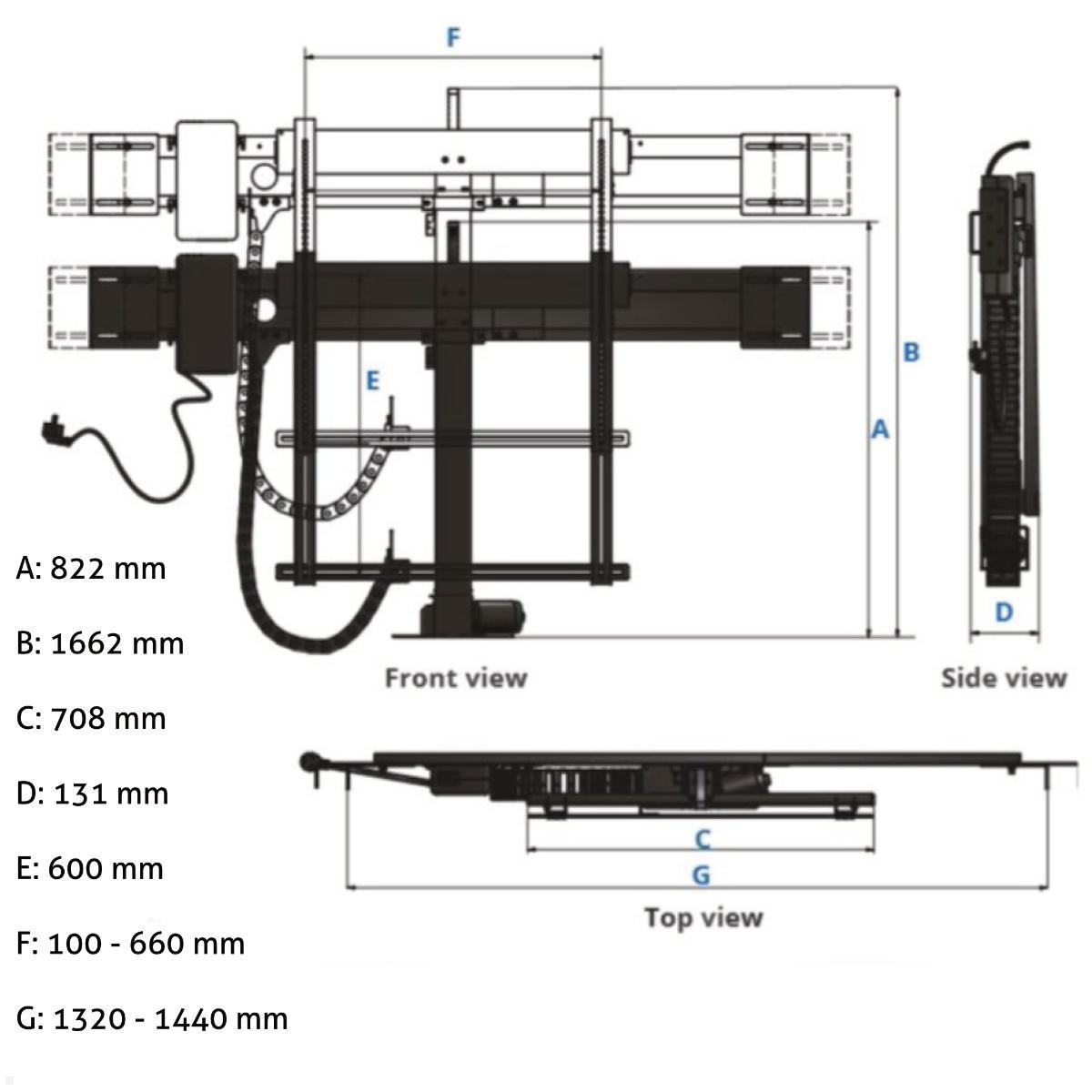 MonLines MLS026B Einbau TV Lift bis 60 Zoll, 840 mm Hub, Maße