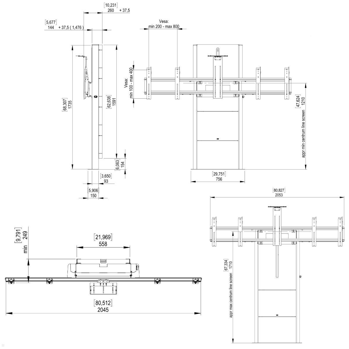 SMS Presence elektrische Dual Monitor Boden-Wandhalterung (C591U006-2C0), technische Zeichnung