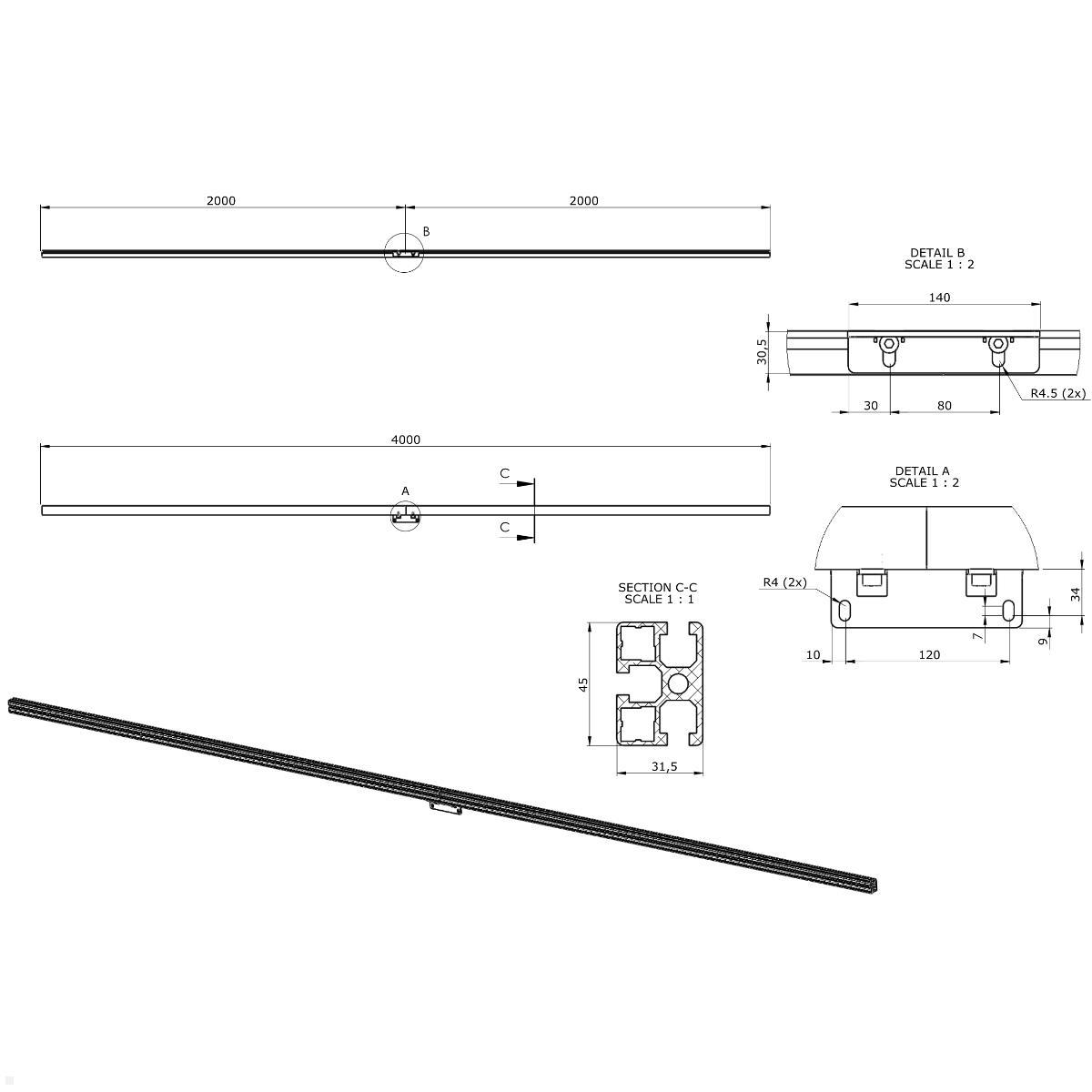 SMS Multi Display Wall Wandschiene 2 x 2m (PW010006), technische Zeichnung