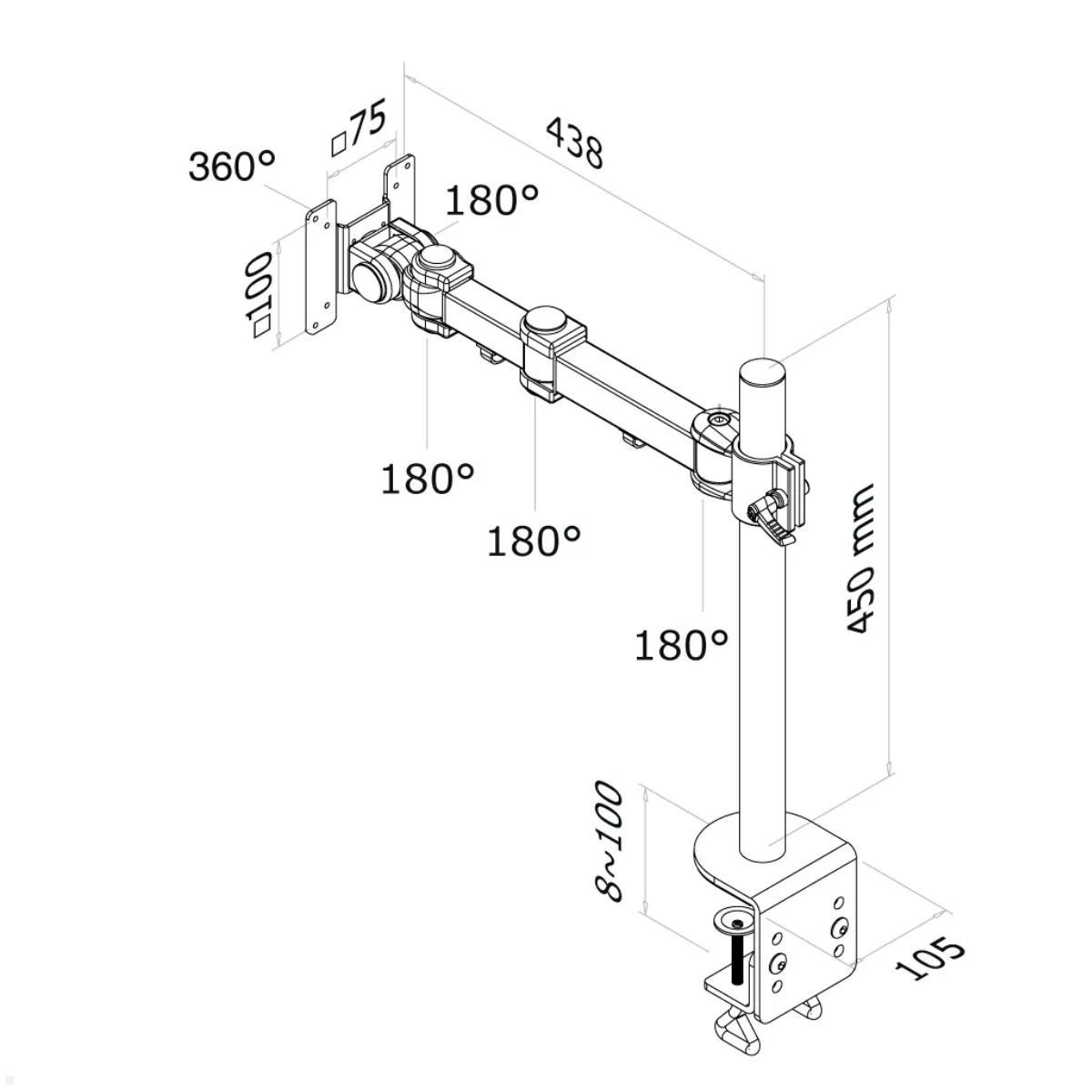 Neomounts Monitor Tischhalterung FPMA-D960, schwarz, Technische Zeichnung