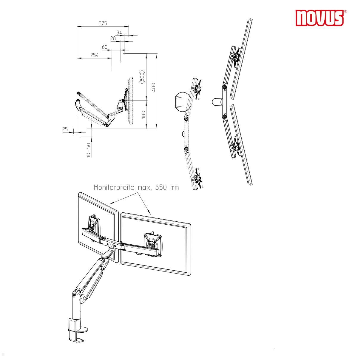 Novus Clu Plus X2 C Monitorhalterung für 2 Monitore bis 27Zoll (992+2019+000), silber technische Zeichnung