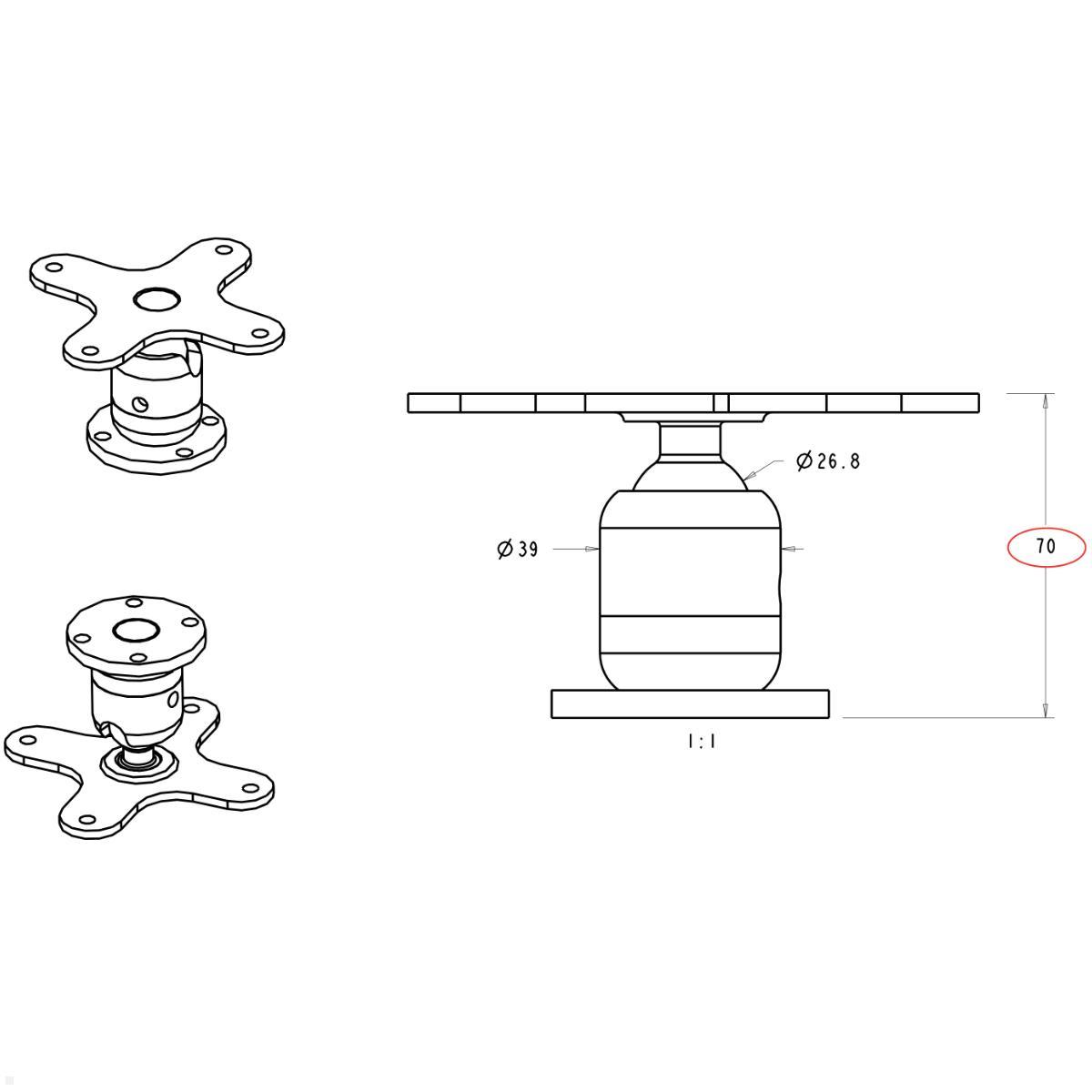 Zirkona Joiner Medium Short mit VESA Halterung 75x75, technische Zeichnung