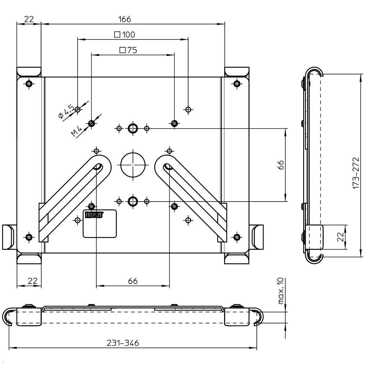 TabLines TBSfix002S Bodenständer mit Universal Tablethalter bis 12.9 Zoll, Zeichnung Maße Halter