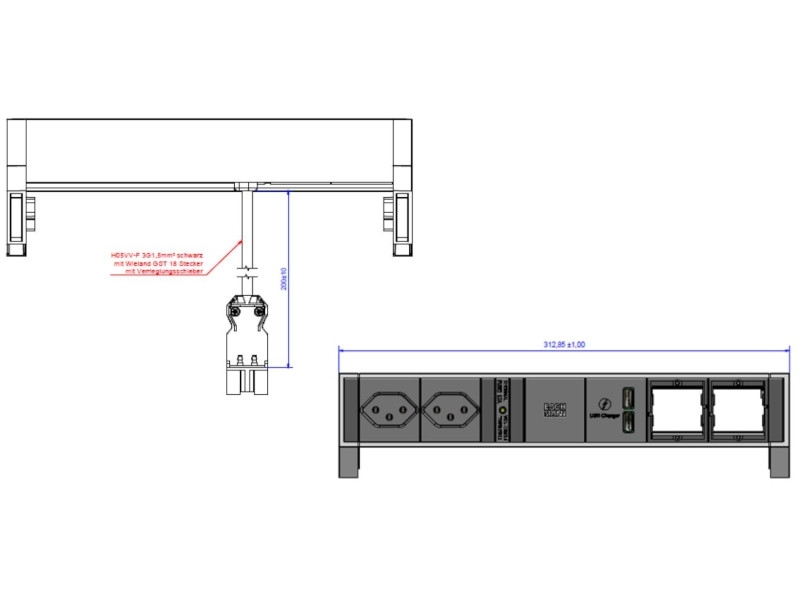 Bachmann DESK 2 2x Steckdose CH, 1x USB, 2x Custom Modul, inox (902.430) Maße