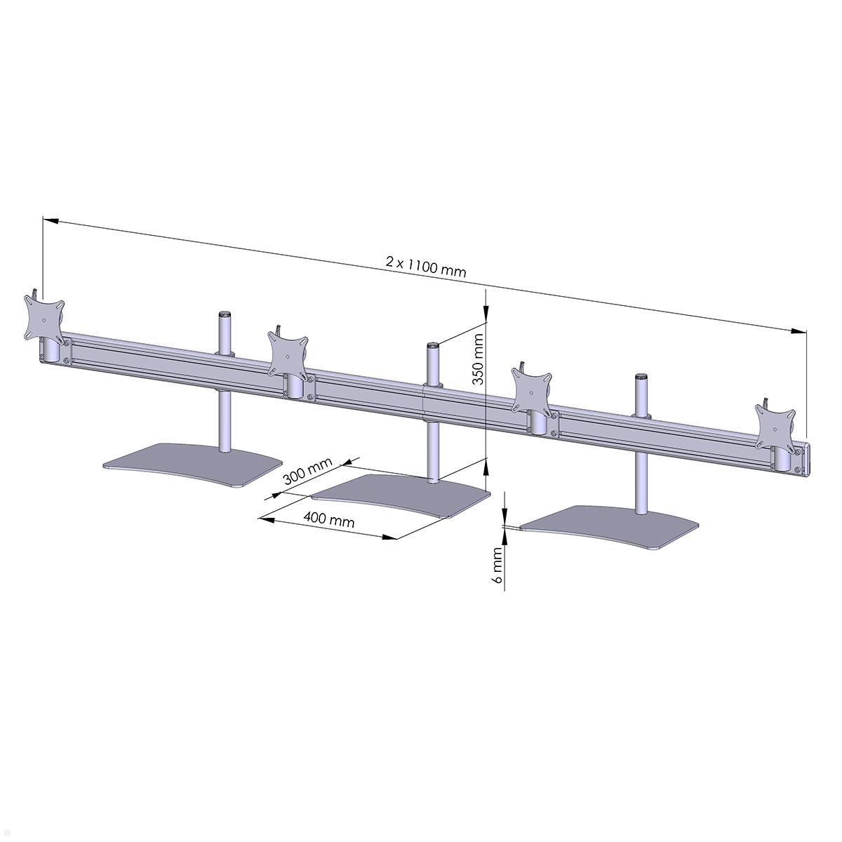 MonLines MTH287G Flat 4-fach Monitorhalterung mit Tischstandfuß bis 32 Zoll, grau, Zeichnung Maße