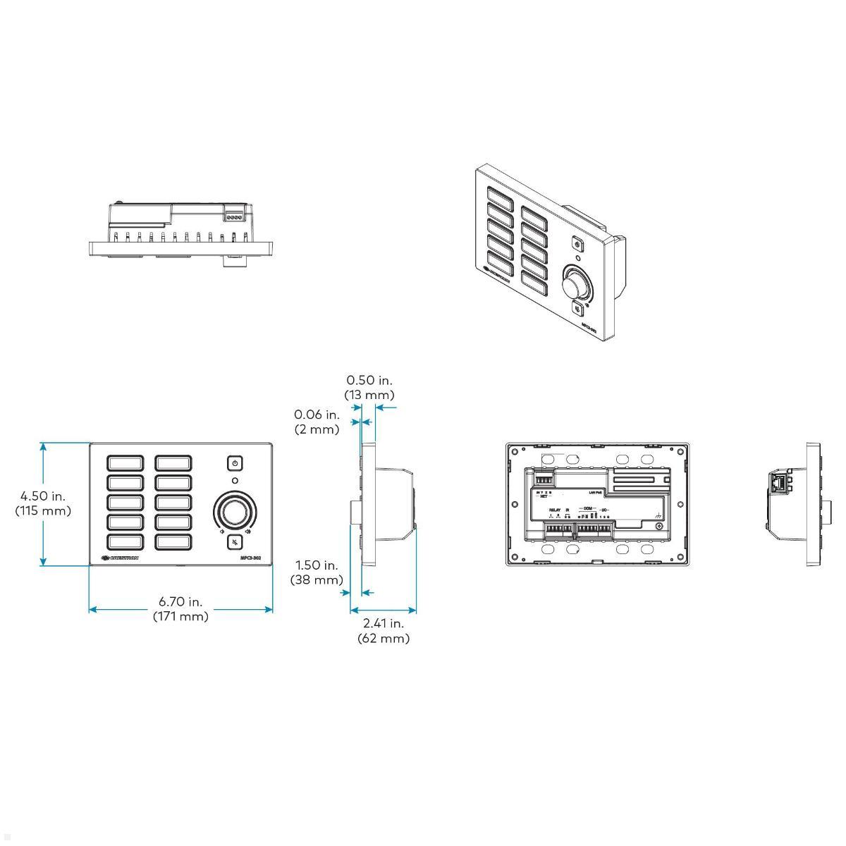 Crestron 3-Series Medienpräsentations-Controller 302 (MPC3-302-W), technische Zeichnung