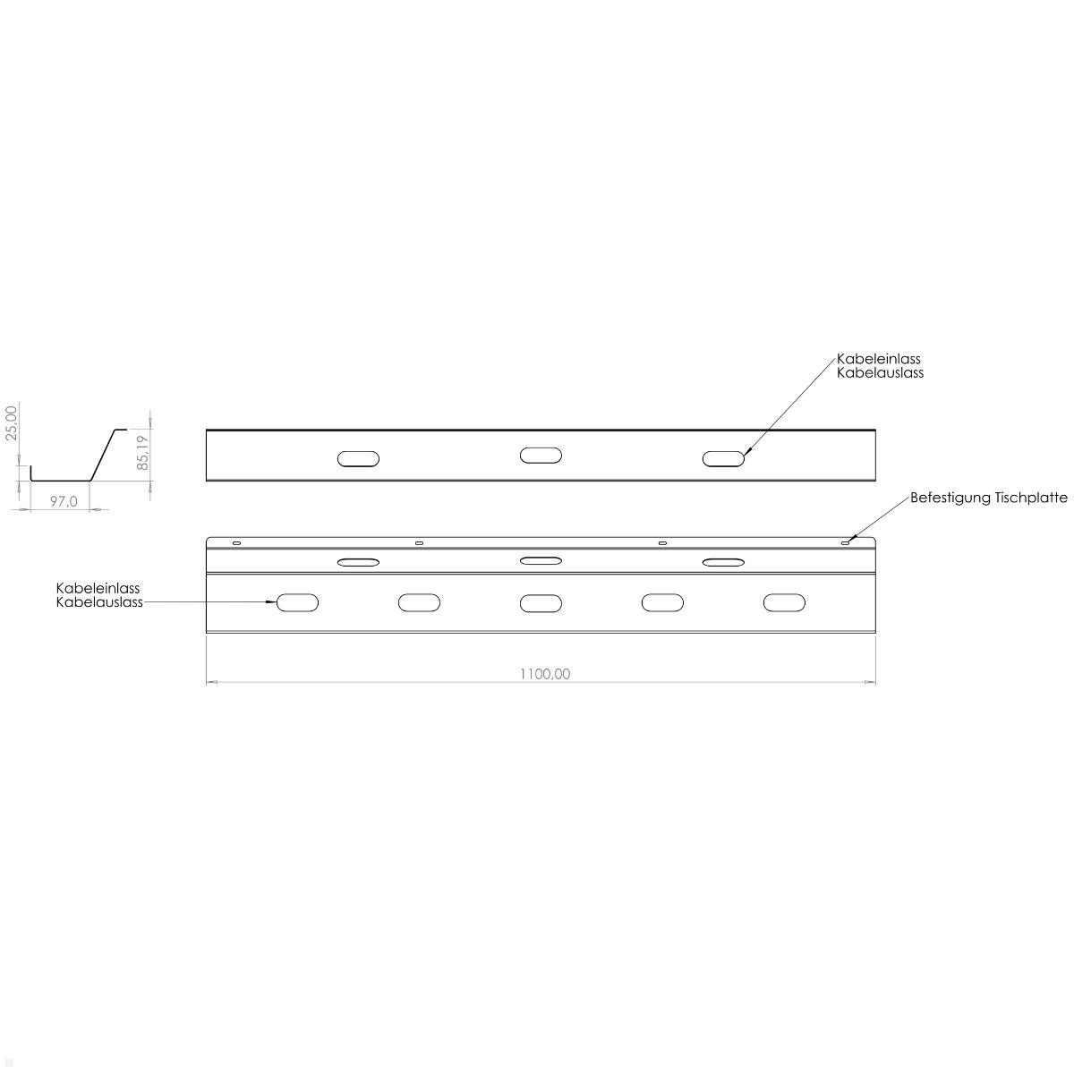 TecLines TKK007S Kabelkanal Schreibtisch 110 cm, silber, technische Zeichnung